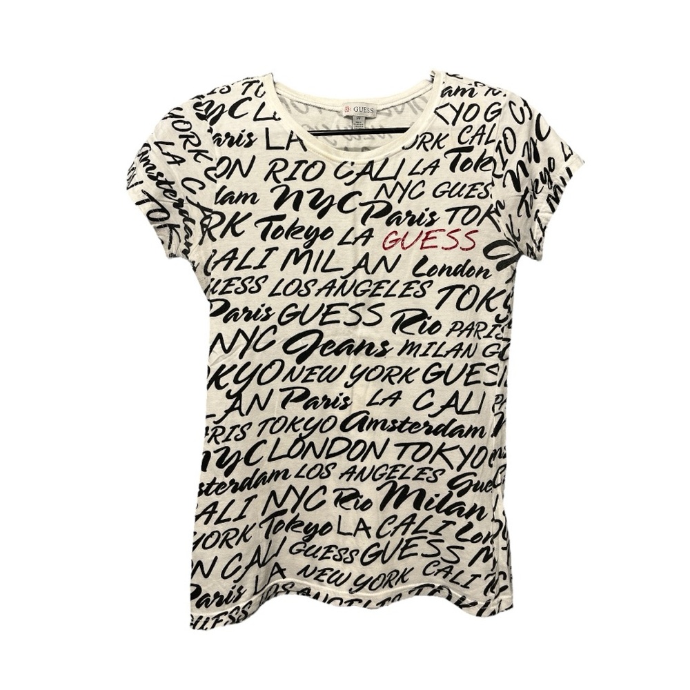 Guess Black White World Cities Graphic Tee Women’s Size Small